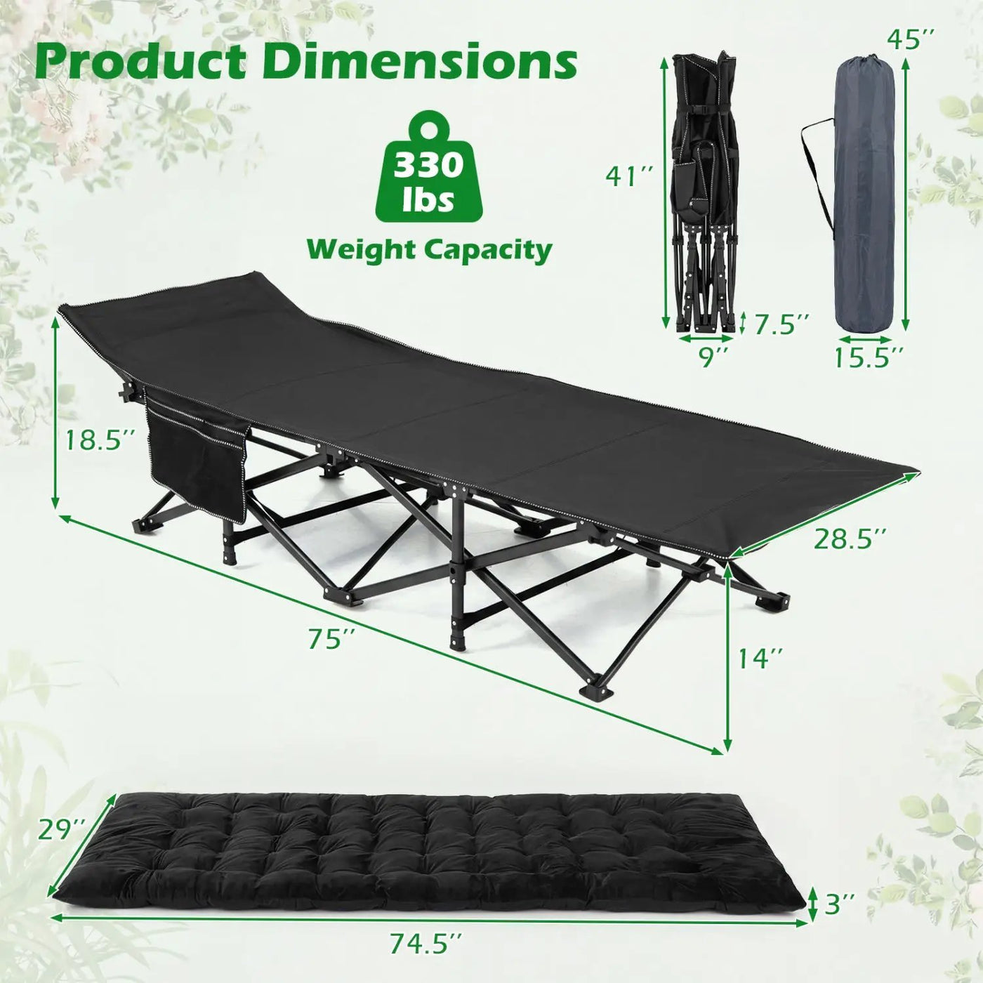 Camping Cot for Adults with Padded Mat and Carrying Bag by DirectDeals