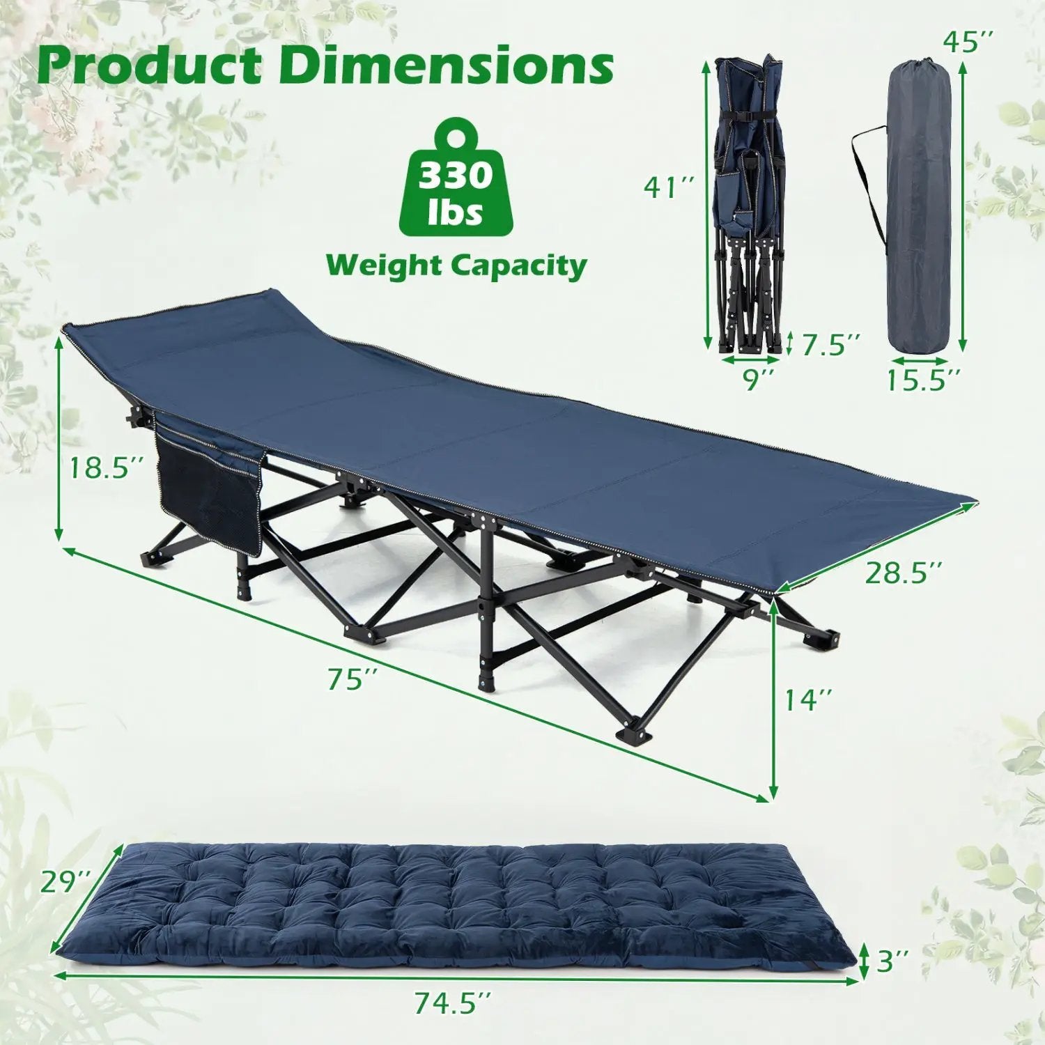 Camping Cot for Adults with Padded Mat and Carrying Bag by DirectDeals