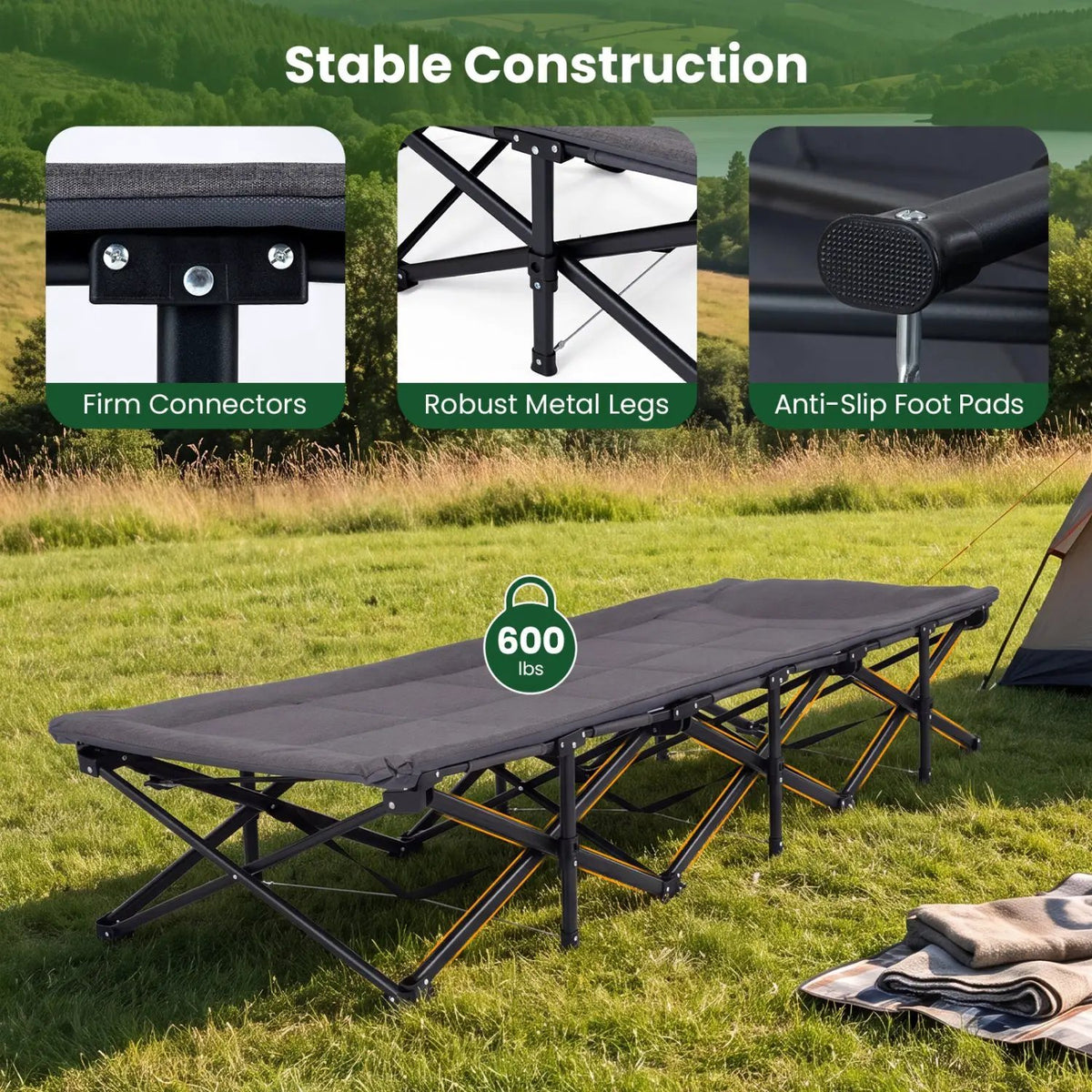 Camping Cot with Padded Pillow and Storage Pouch - Gray by DirectDeals