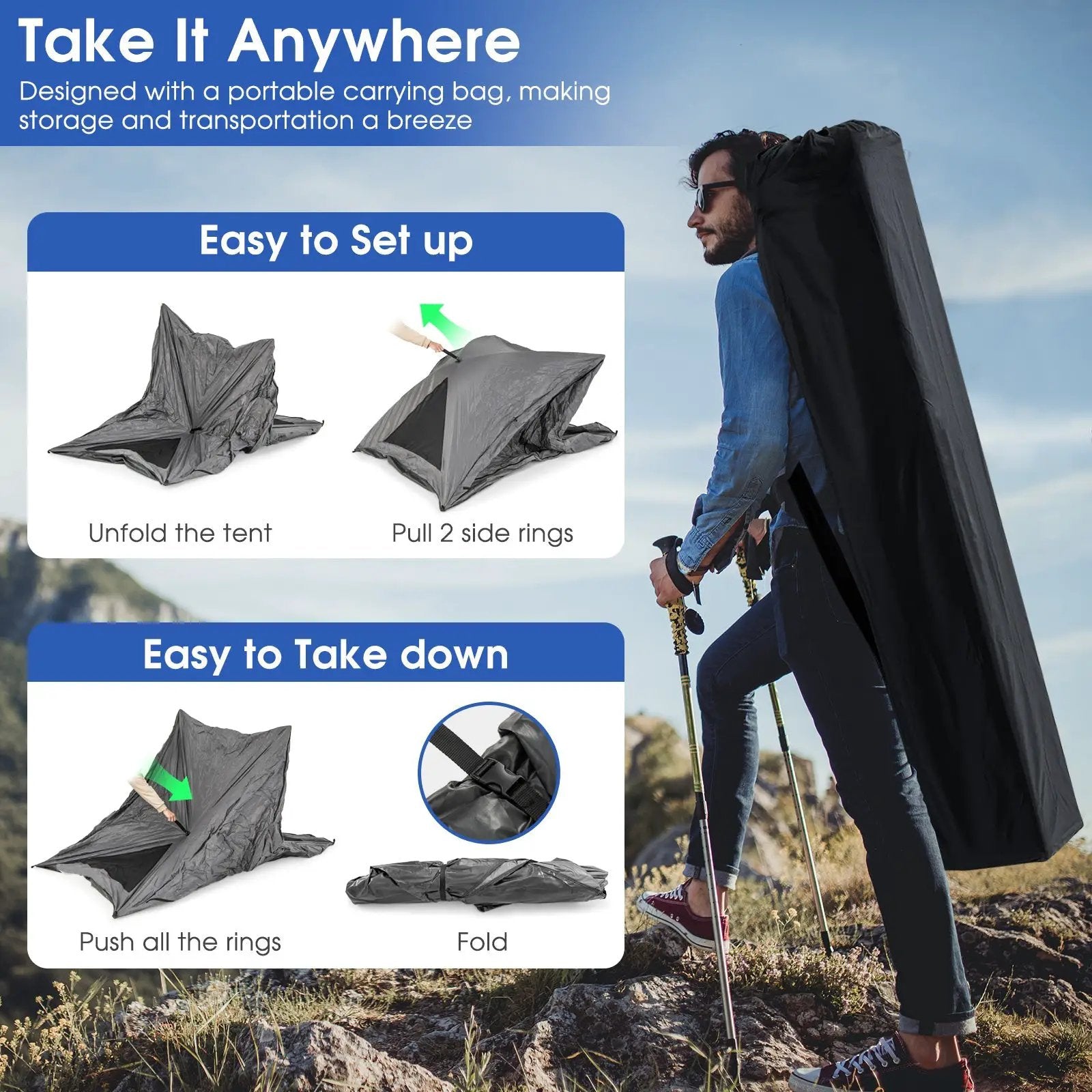 Pop-up Camping Tent for 2-3 People with Carry Bag and Rainfly for Backpacking Hiking Trip-Gray by DirectDeals