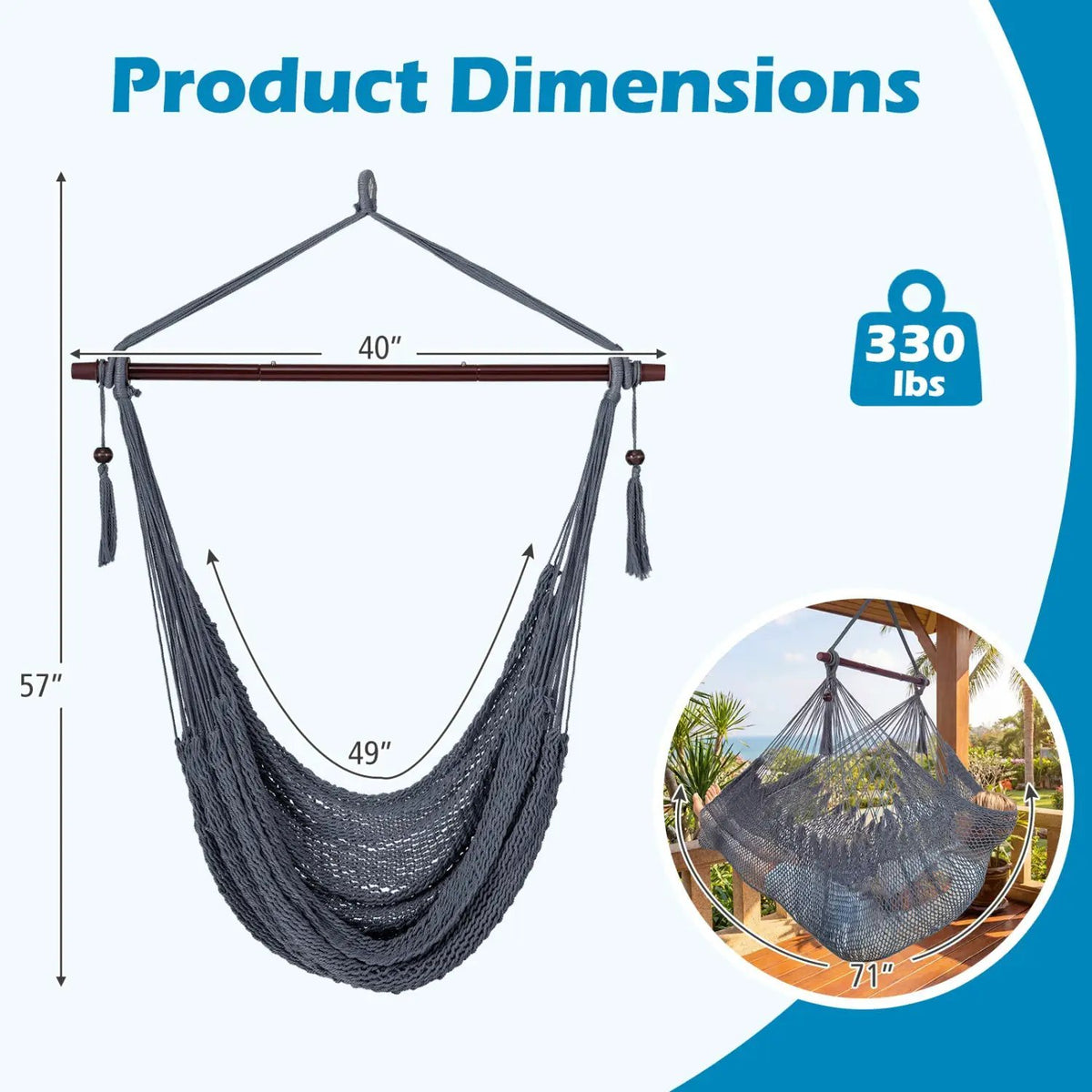 Caribbean Hammock Chair with Metal Spreader Bar Large Soft-Spun Rope Woven Swing, photo 12 of 16
