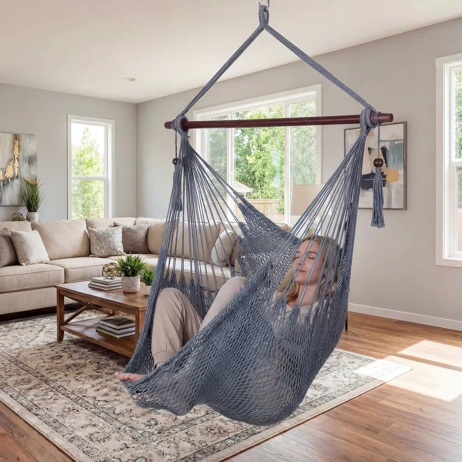 Caribbean Hammock Chair with Metal Spreader Bar Large Soft-Spun Rope Woven Swing by DirectDeals