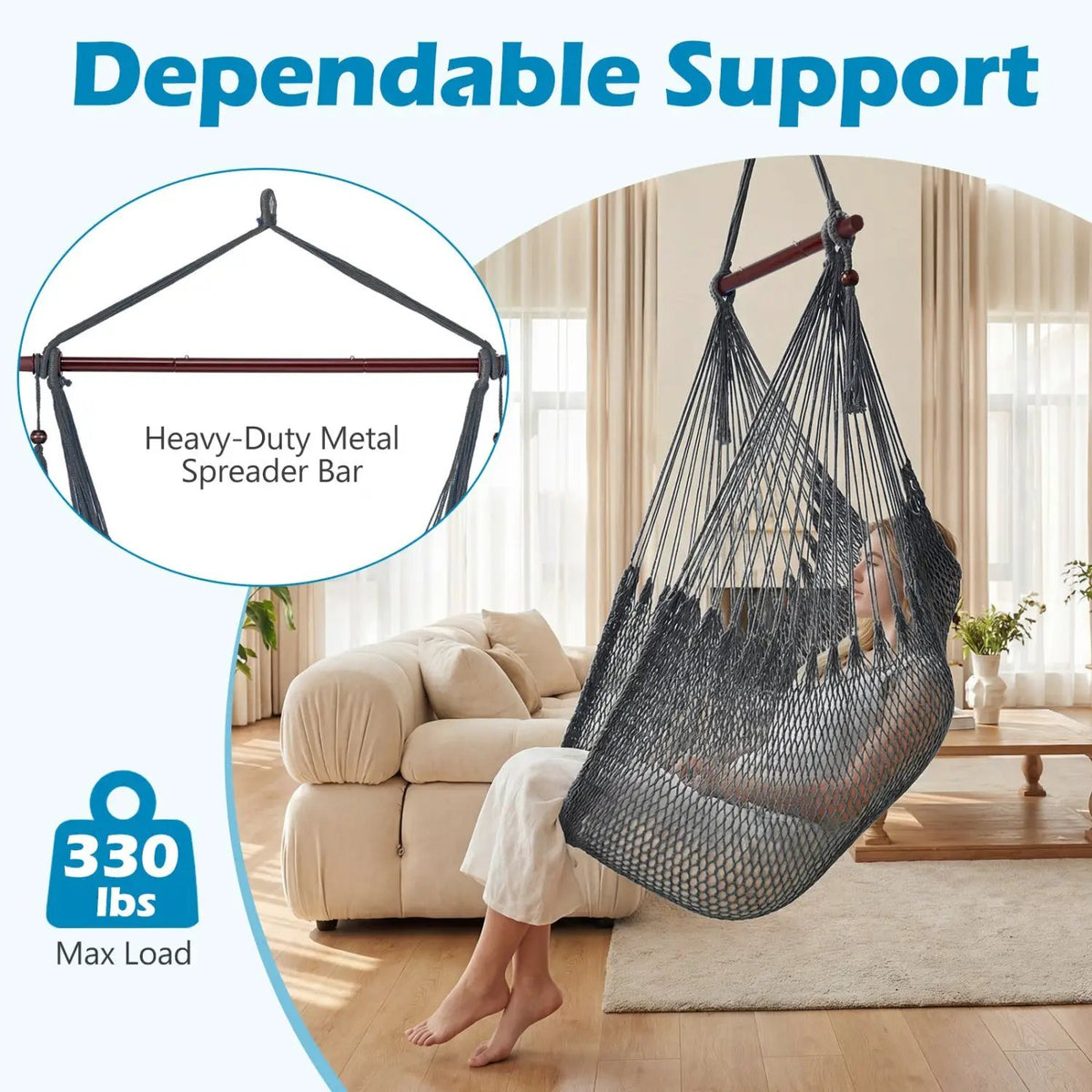 Caribbean Hammock Chair with Metal Spreader Bar Large Soft-Spun Rope Woven Swing, photo 15 of 16