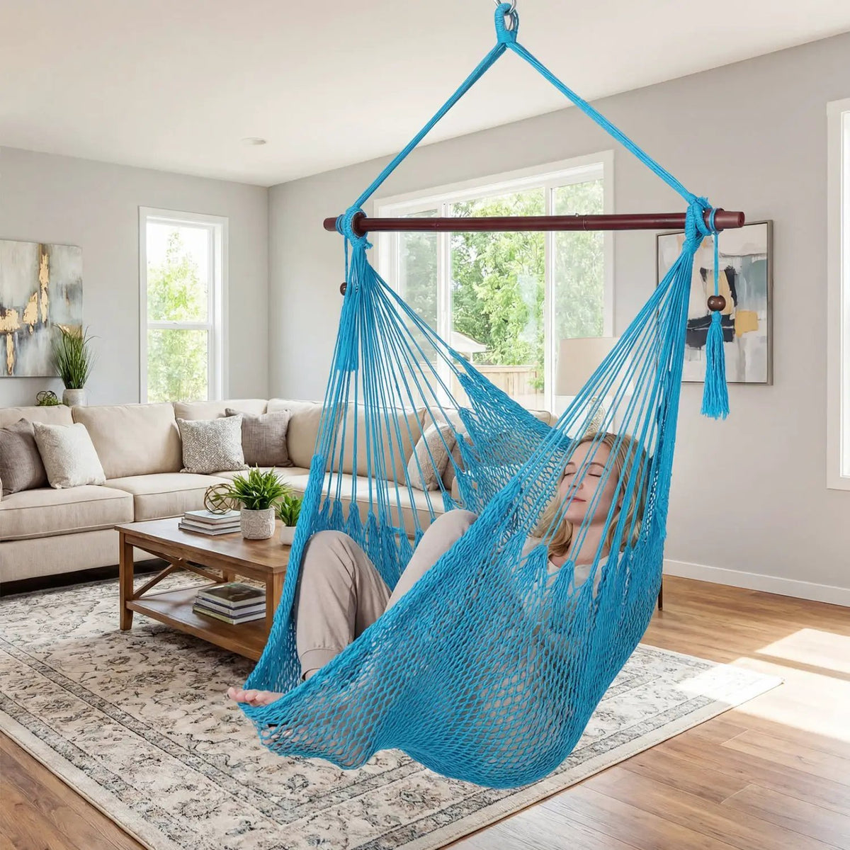 Caribbean Hammock Chair with Metal Spreader Bar Large Soft-Spun Rope Woven Swing, photo 6 of 16