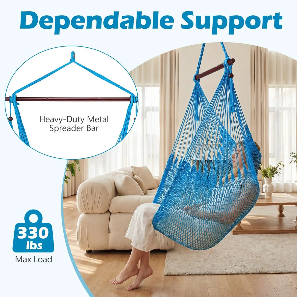Caribbean Hammock Chair with Metal Spreader Bar Large Soft-Spun Rope Woven Swing, photo 8 of 16