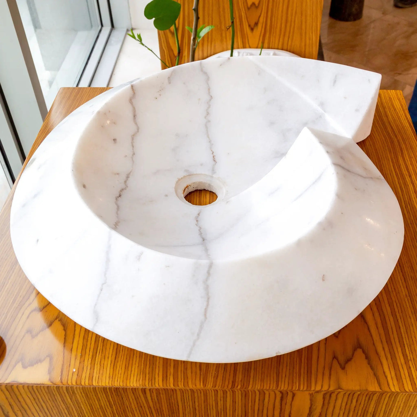 Carrara White Marble Helix Shaped Stone Sink with Polished Finish 20x23x4 by GobekDesign