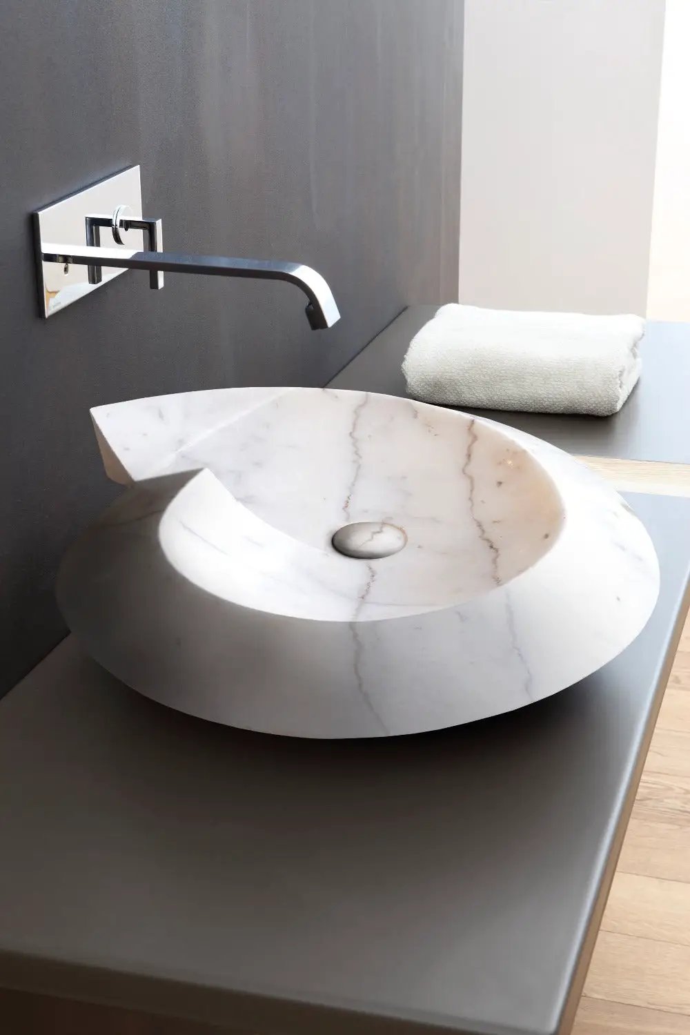 Carrara White Marble Helix Shaped Stone Sink with Polished Finish 20x23x4 by GobekDesign