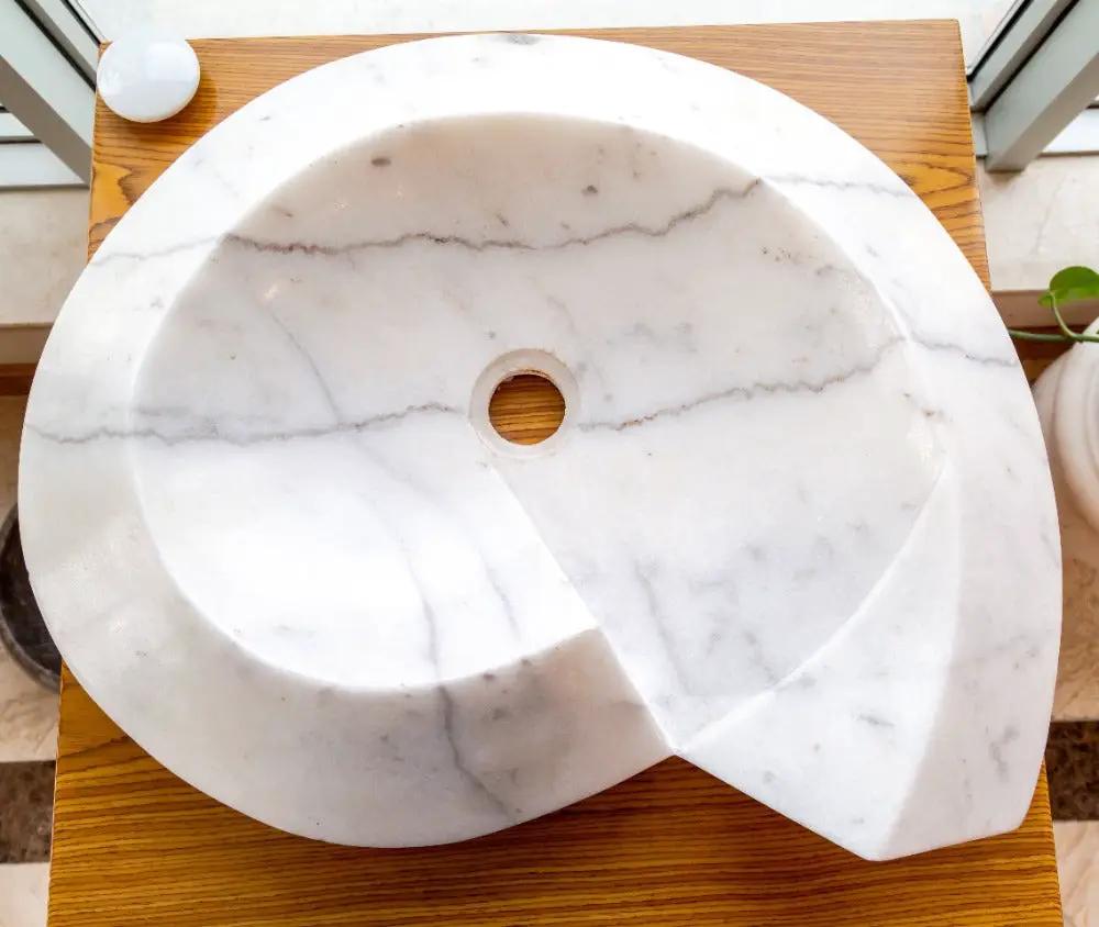 Carrara White Marble Helix Shaped Stone Sink with Polished Finish 20x23x4 by GobekDesign