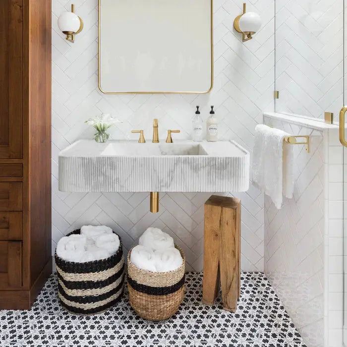 Carrara White Marble Wall Mount Bathroom Vanity - Ribbed Textured 16x38 by GobekDesign