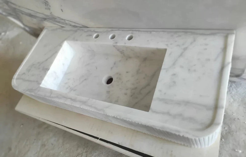 Carrara White Marble Wall-mount Bathroom Vanity Ribbed Textured Front (W)16" (L)38" (H)6" by GobekDesign