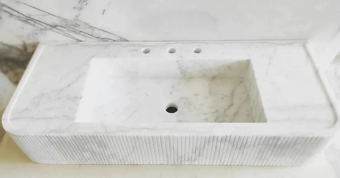 Carrara White Marble Wall Mount Bathroom Vanity - Ribbed Textured 16x38 by GobekDesign