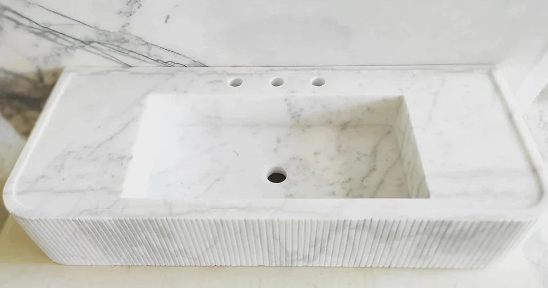 Carrara White Marble Wall-mount Bathroom Vanity Ribbed Textured Front (W)16" (L)38" (H)6" by GobekDesign