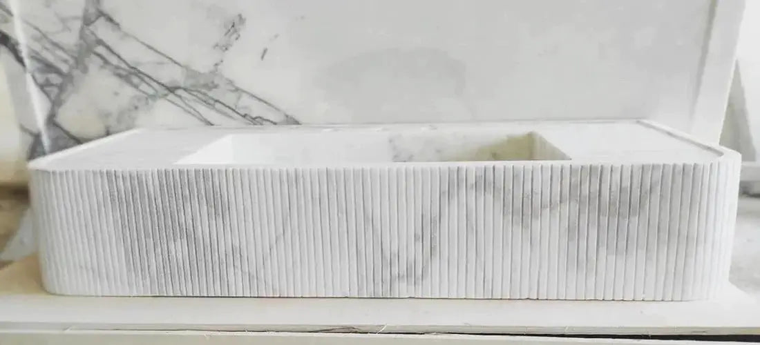 Carrara White Marble Wall Mount Bathroom Vanity - Ribbed Textured 16x38 by GobekDesign