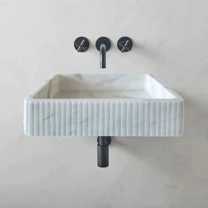 Carrara White Marble Wall-Mount Bathroom Sink - Ribbed Textured 16x24 by GobekDesign