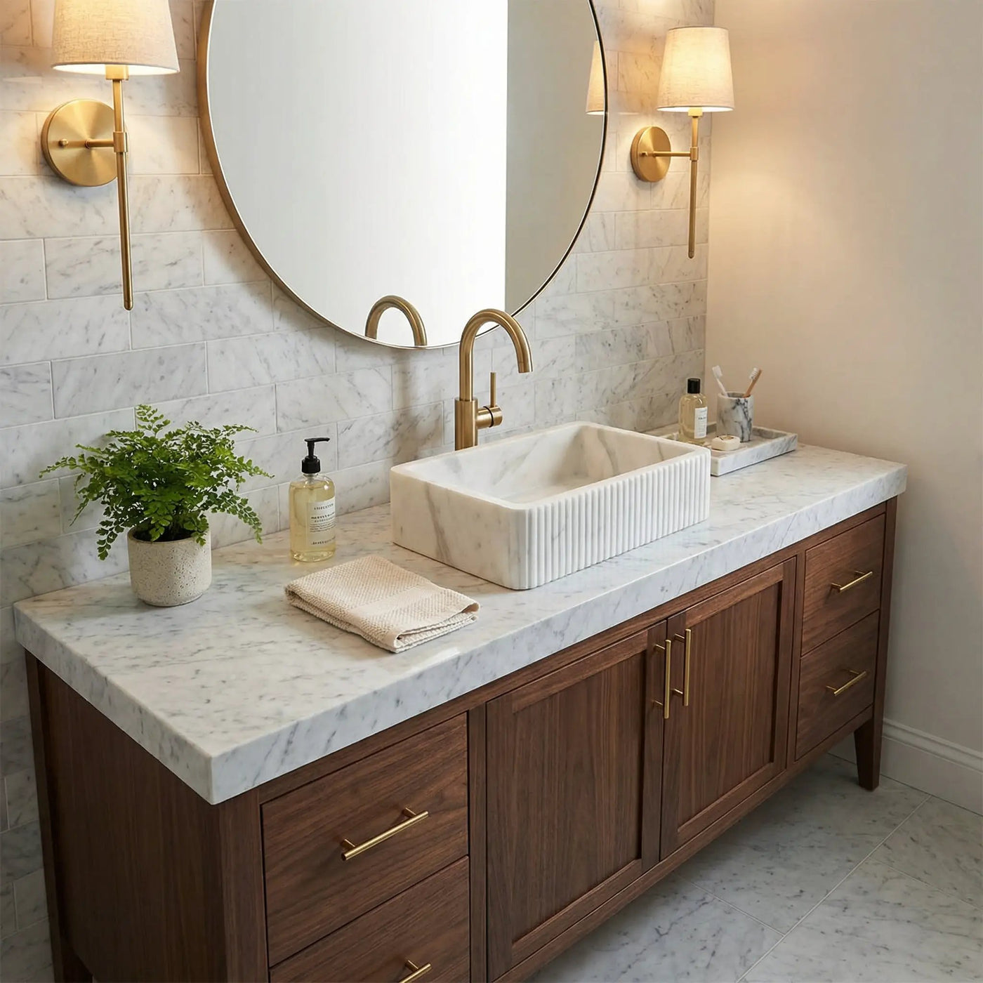 Carrara White Marble Wall-Mount Bathroom Sink - Ribbed Textured 16x24 by GobekDesign