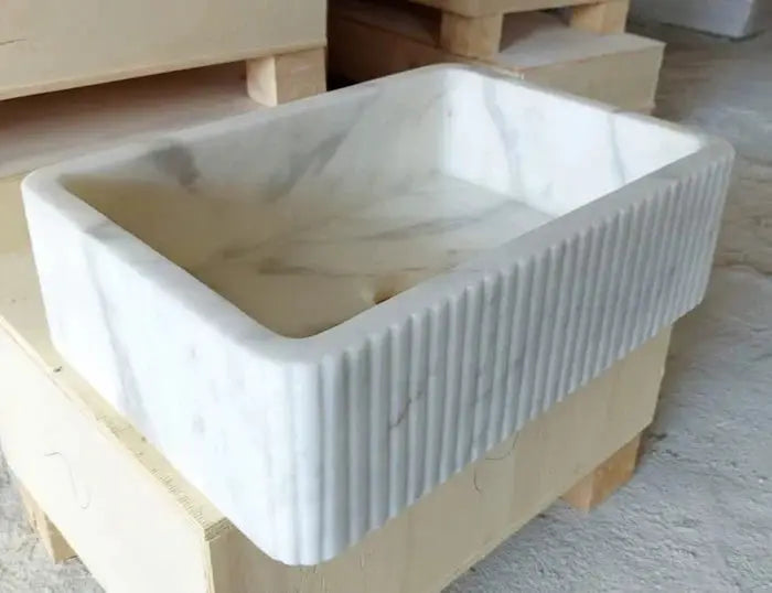 Carrara White Marble Wall-Mount Bathroom Sink - Ribbed Textured 16x24 by GobekDesign