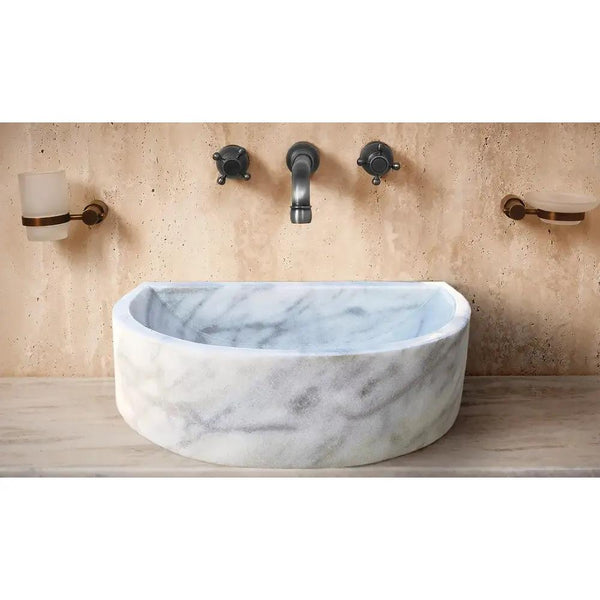 Natural Carrara White Marble Wall-Mount Half-Round Bathroom Sink - Polished 20x24x6