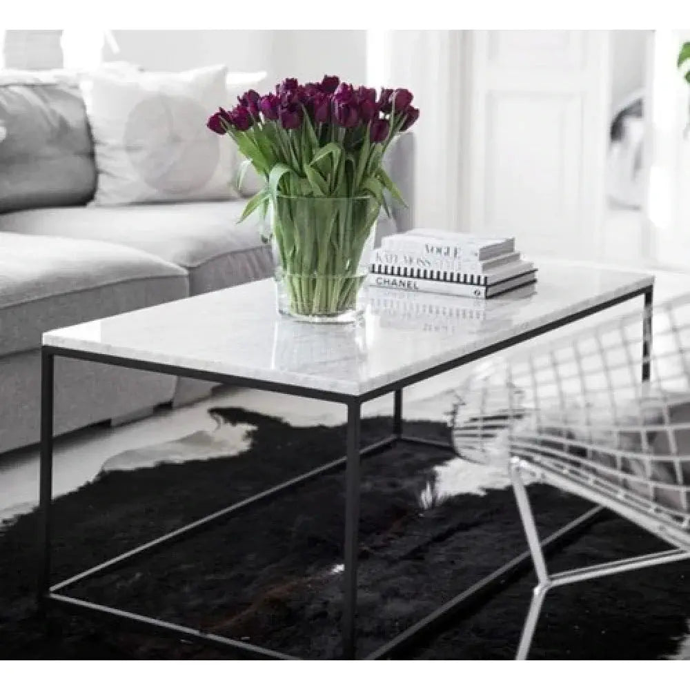 Carrara White Marble Rectangular Coffee Table with Metal Legs by GobekDesign