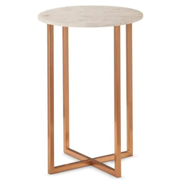 Carrara White Marble Round End Table - Polished Metal Base