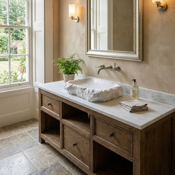 Carrara White Marble Rustic Hand Chiseled Vessel Sink 16 x 22