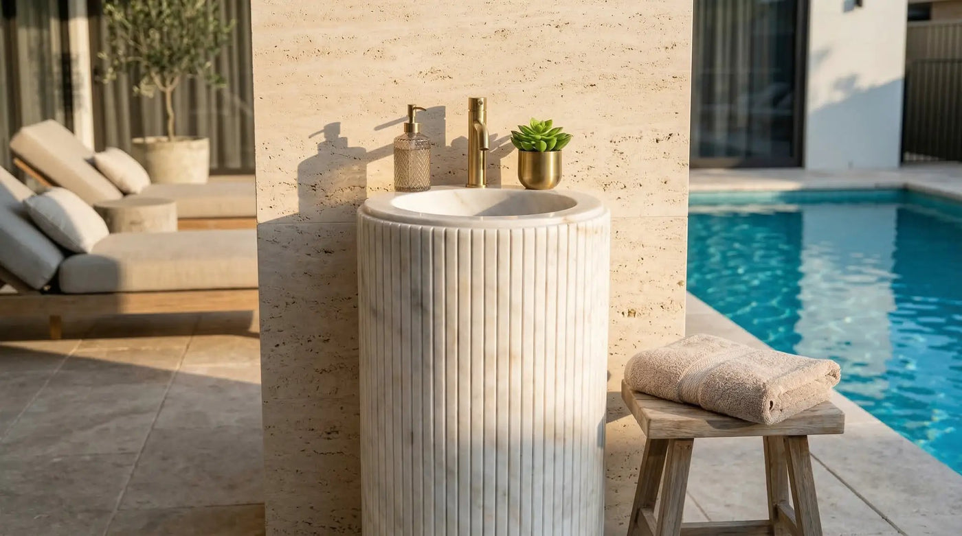 Carrara White Marble Pedestal Sink - Designer Fluted 18x18x33 by GobekDesign