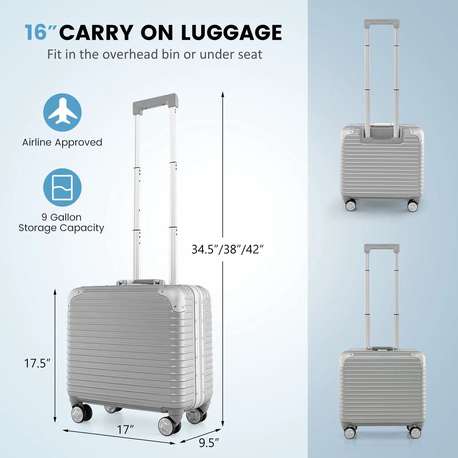 16 Inch Under-seat Carry On Luggage with Spinner Wheels and Laptop Compartment-Sliver by DirectDeals