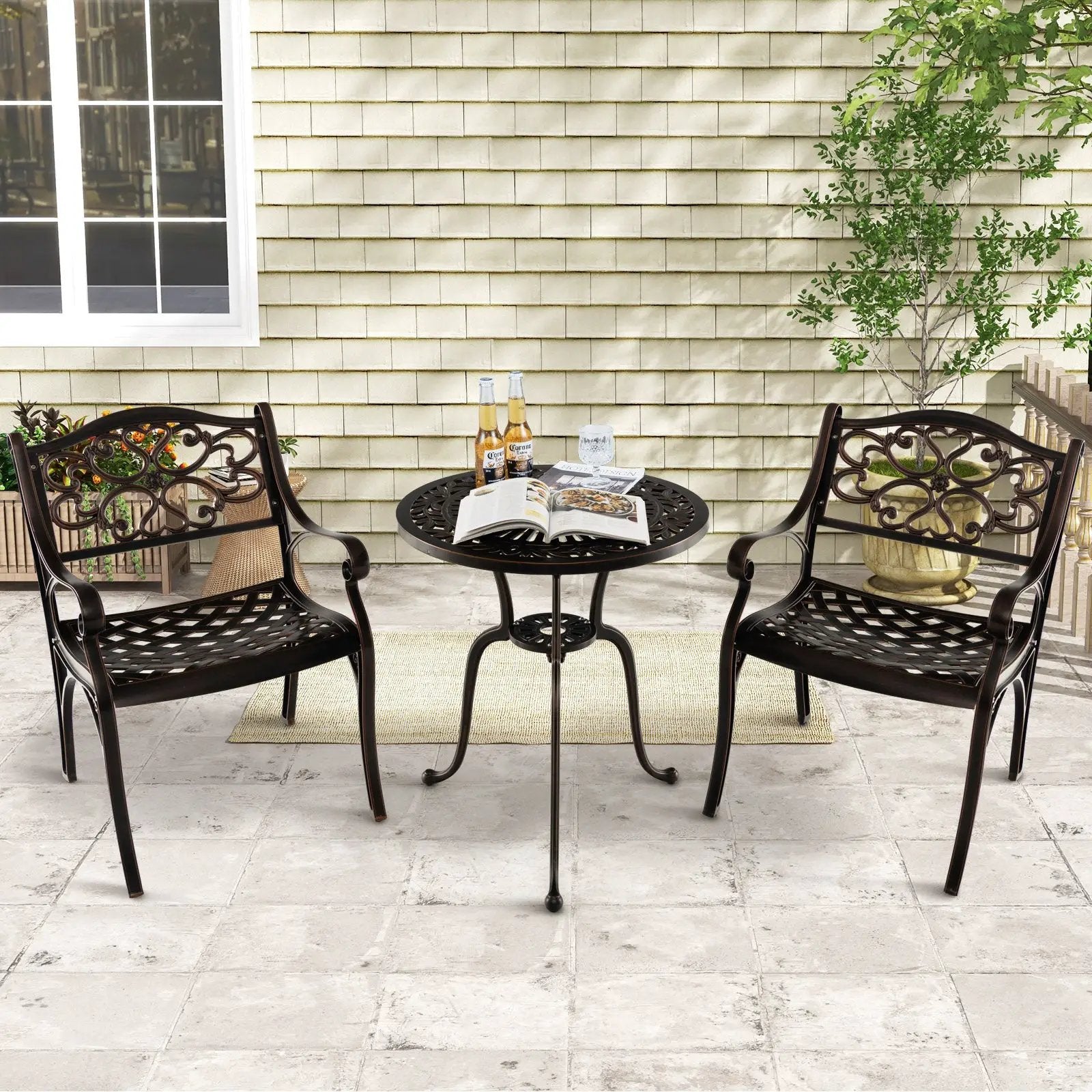 Cast Aluminum Dining Chairs Set of 2 with Patio Chairs Armrests Flower Pattern-Bronze by DirectDeals