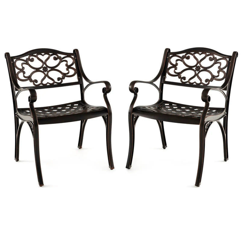 Cast Aluminum Dining Chairs Set of 2 with Patio Chairs Armrests Flower Pattern-Bronze by DirectDeals