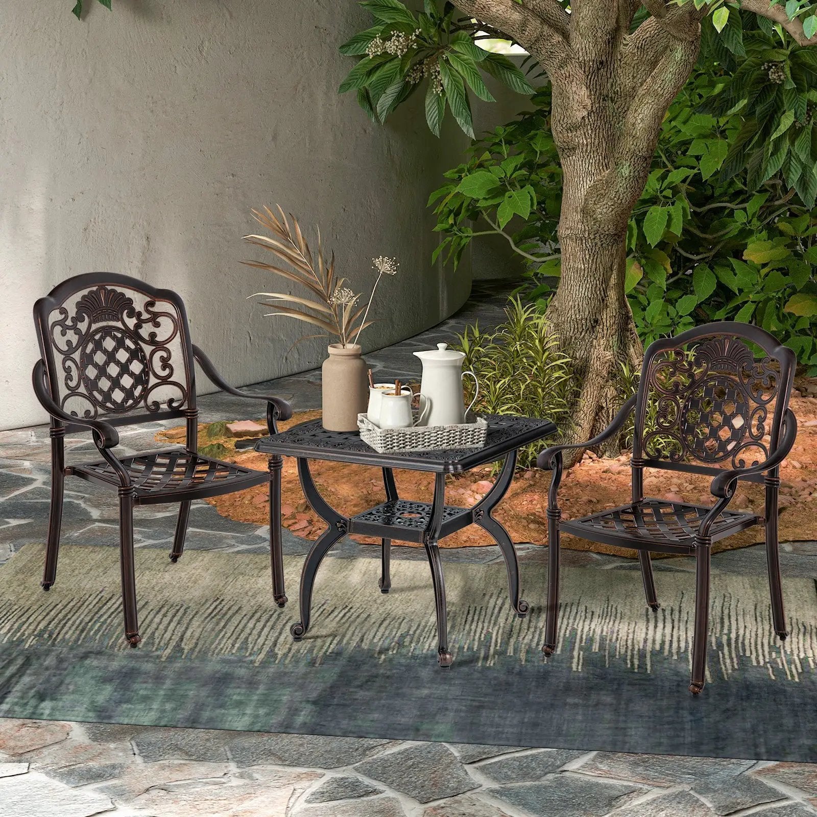 Cast Aluminum Outdoor Side Table with Storage Shelf for Garden Porch Balcony-Rustic Brown by DirectDeals