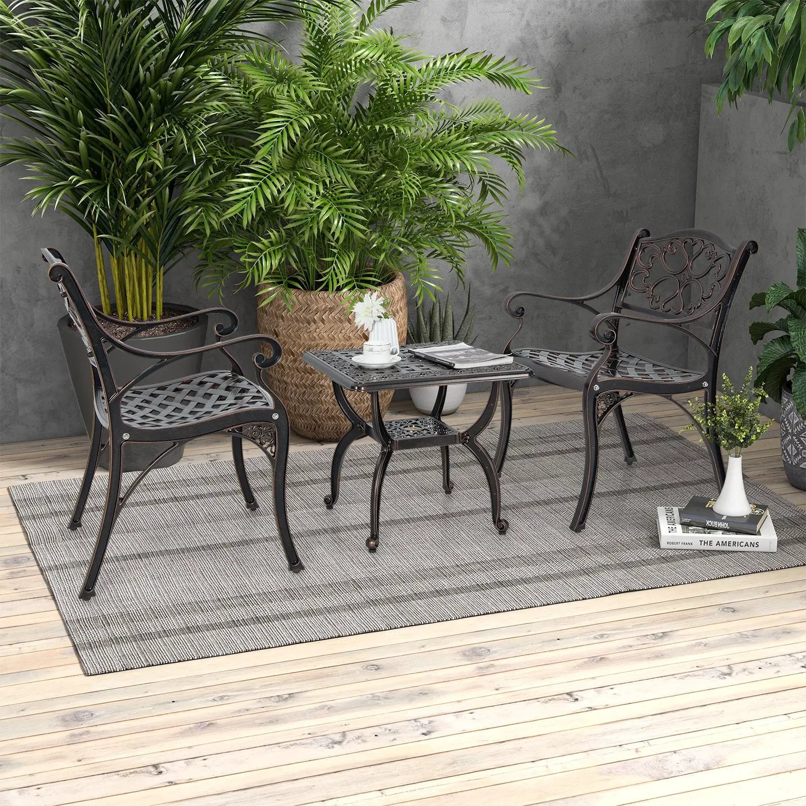 Cast Aluminum Outdoor Side Table with Storage Shelf for Garden Porch Balcony-Rustic Brown by DirectDeals