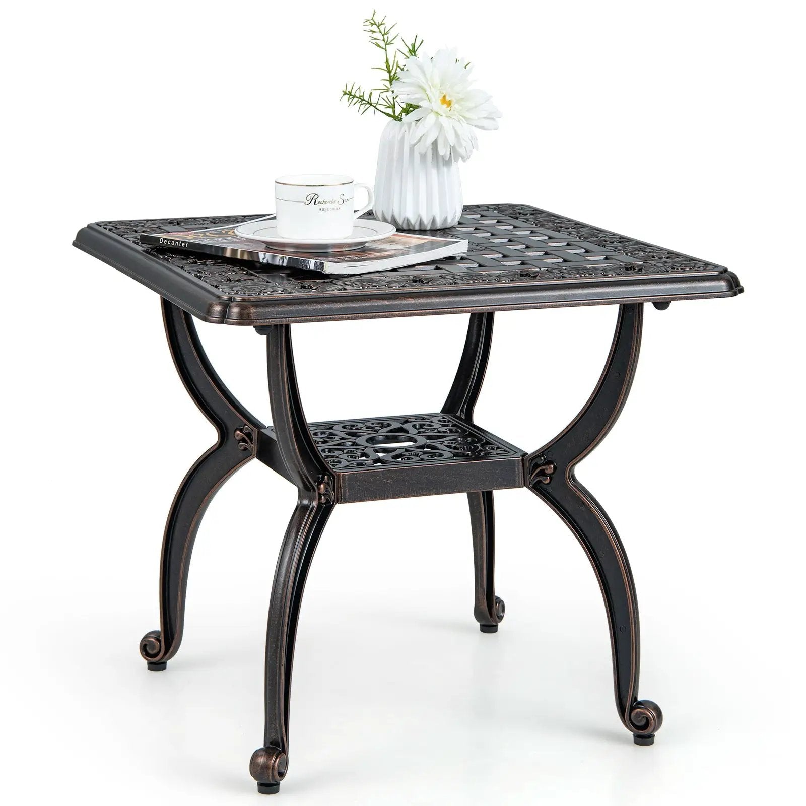 Cast Aluminum Outdoor Side Table with Storage Shelf for Garden Porch Balcony-Rustic Brown by DirectDeals