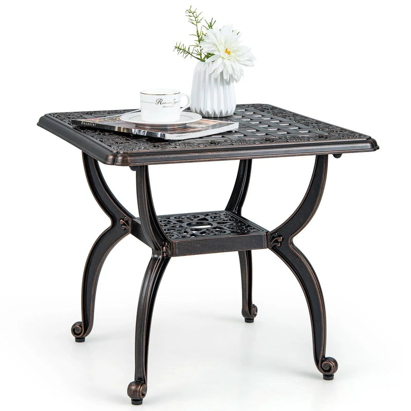 Cast Aluminum Outdoor Side Table with Storage Shelf for Garden Porch Balcony-Rustic Brown by DirectDeals