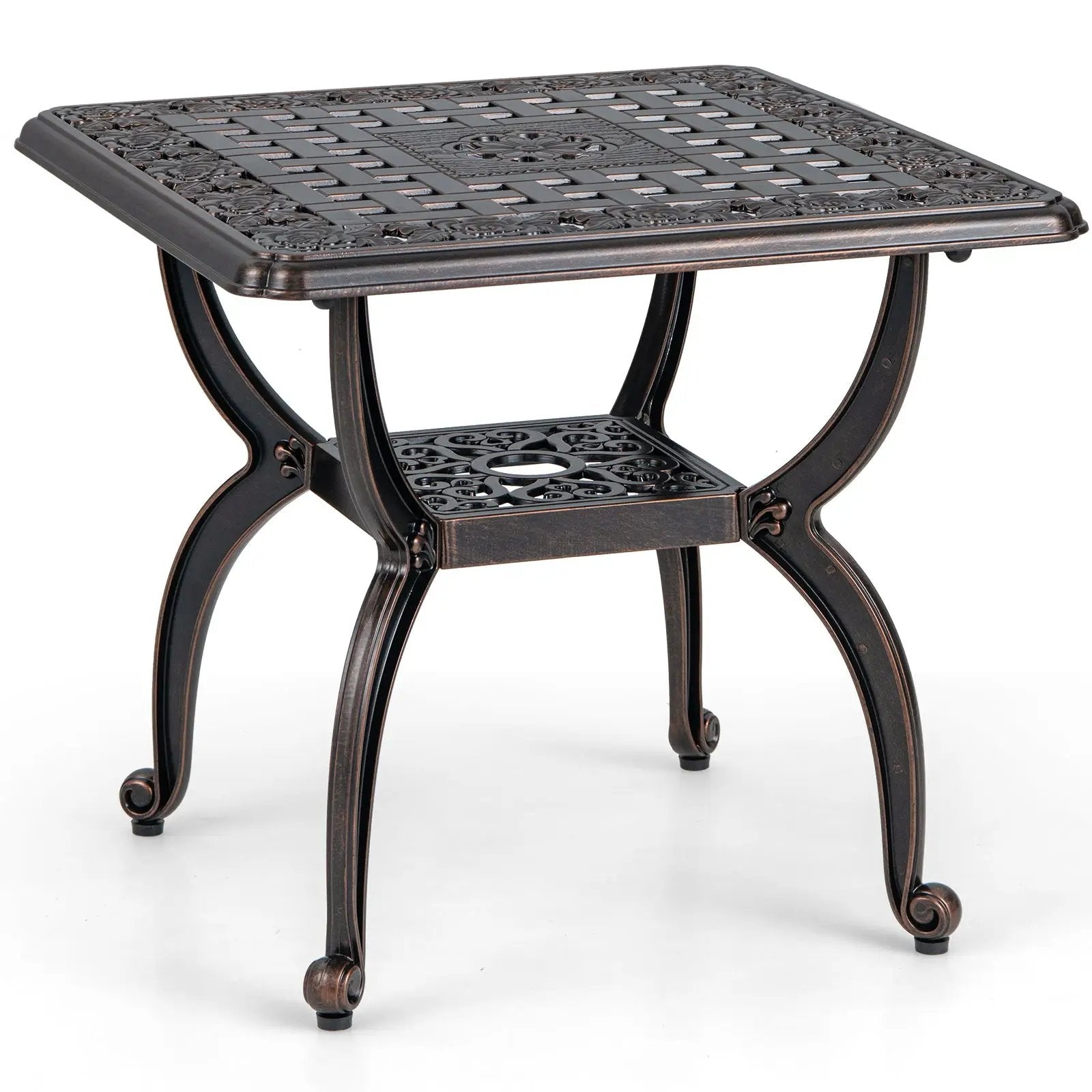 Cast Aluminum Outdoor Side Table with Storage Shelf for Garden Porch Balcony-Rustic Brown by DirectDeals