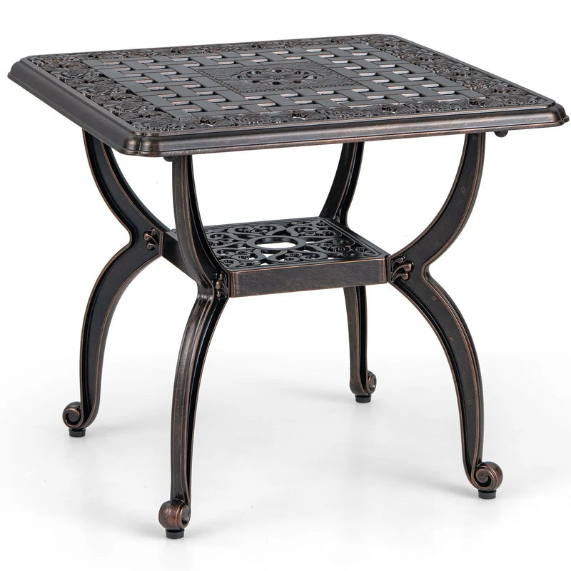 Cast Aluminum Outdoor Side Table with Storage Shelf for Garden Porch Balcony-Rustic Brown by DirectDeals