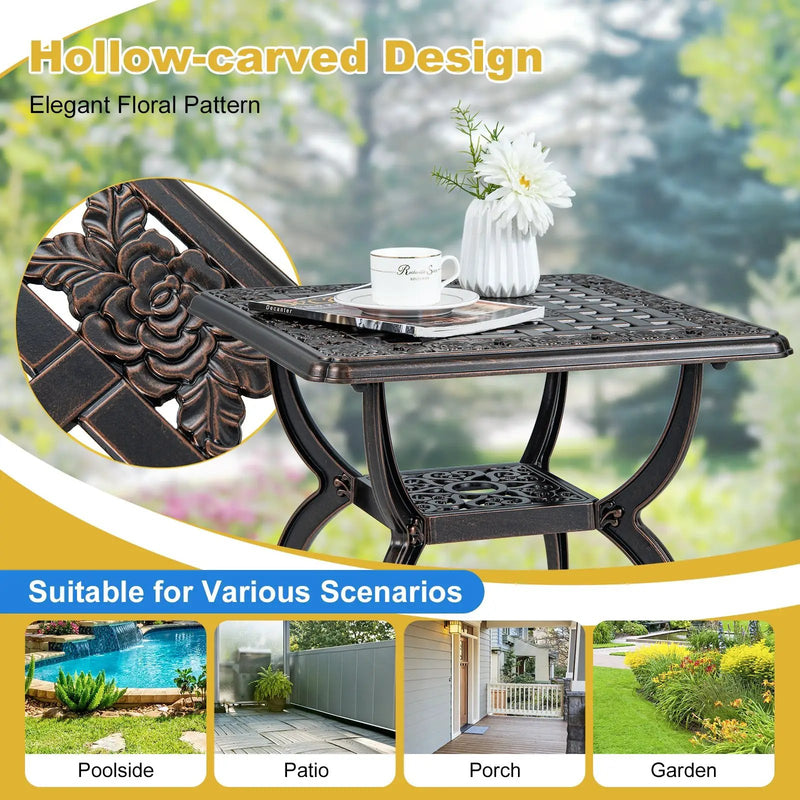 Cast Aluminum Outdoor Side Table with Storage Shelf for Garden Porch Balcony-Rustic Brown by DirectDeals