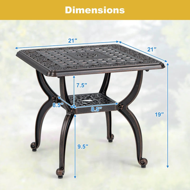 Cast Aluminum Outdoor Side Table with Storage Shelf for Garden Porch Balcony-Rustic Brown by DirectDeals