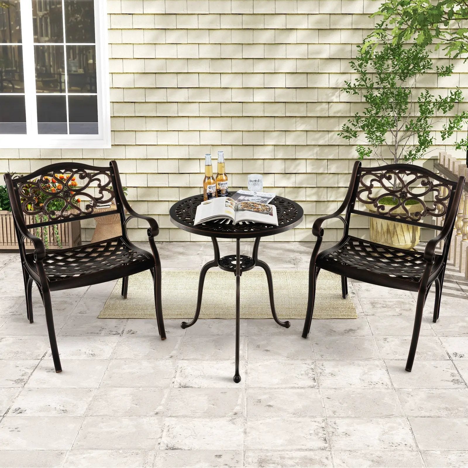 Cast Aluminum Patio Chairs Set of 2 Dining Chairs with Armrests Diamond Pattern-Bronze by DirectDeals