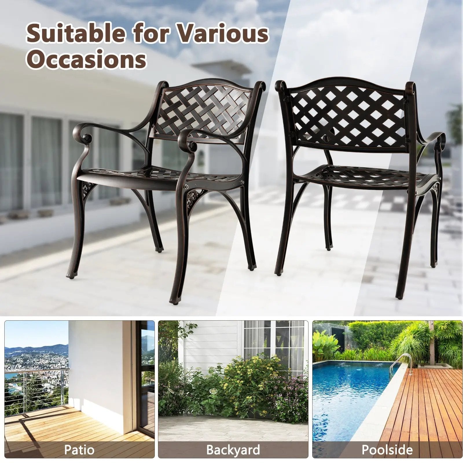 Cast Aluminum Patio Chairs Set of 2 Dining Chairs with Armrests Diamond Pattern-Bronze by DirectDeals