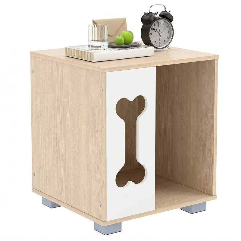 Cat Bed Side Table Wooden Cat Condo with Bone-shape Window and Thick Metal Legs-Natural by DirectDeals