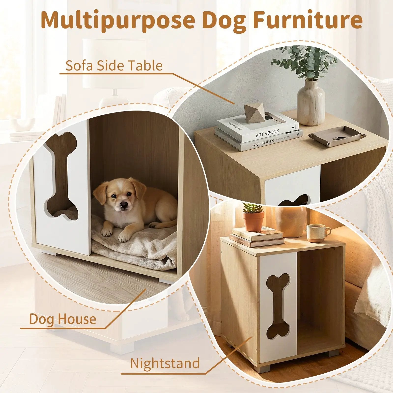 Cat Bed Side Table Wooden Cat Condo with Bone-shape Window and Thick Metal Legs-Natural by DirectDeals