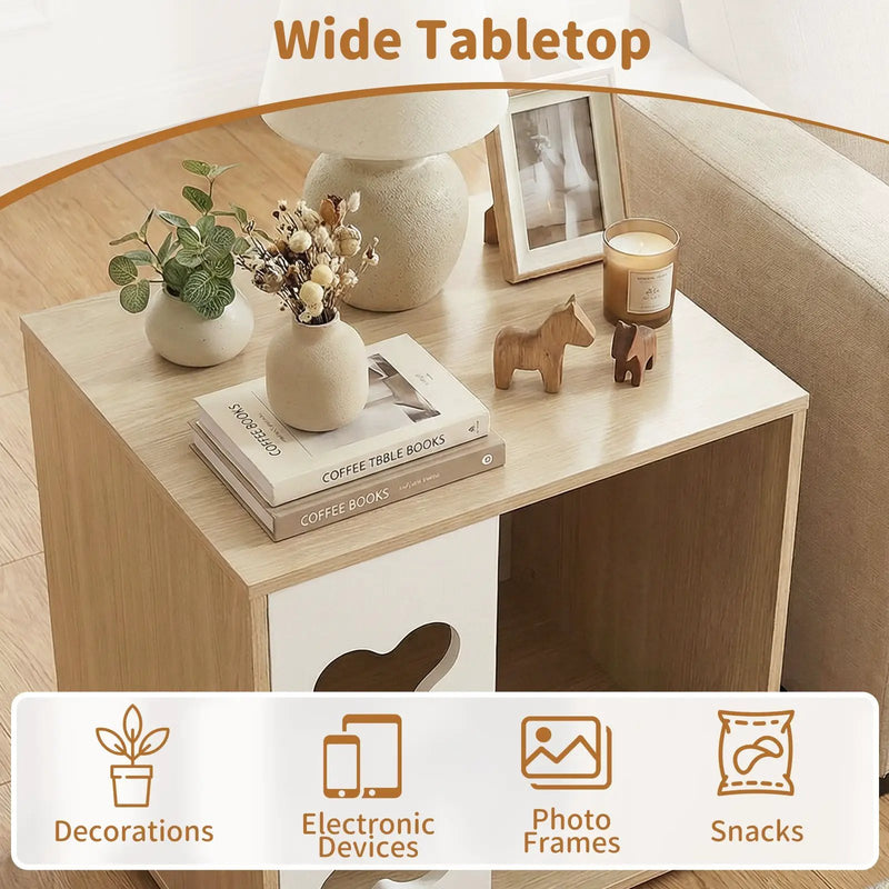 Cat Bed Side Table Wooden Cat Condo with Bone-shape Window and Thick Metal Legs-Natural by DirectDeals