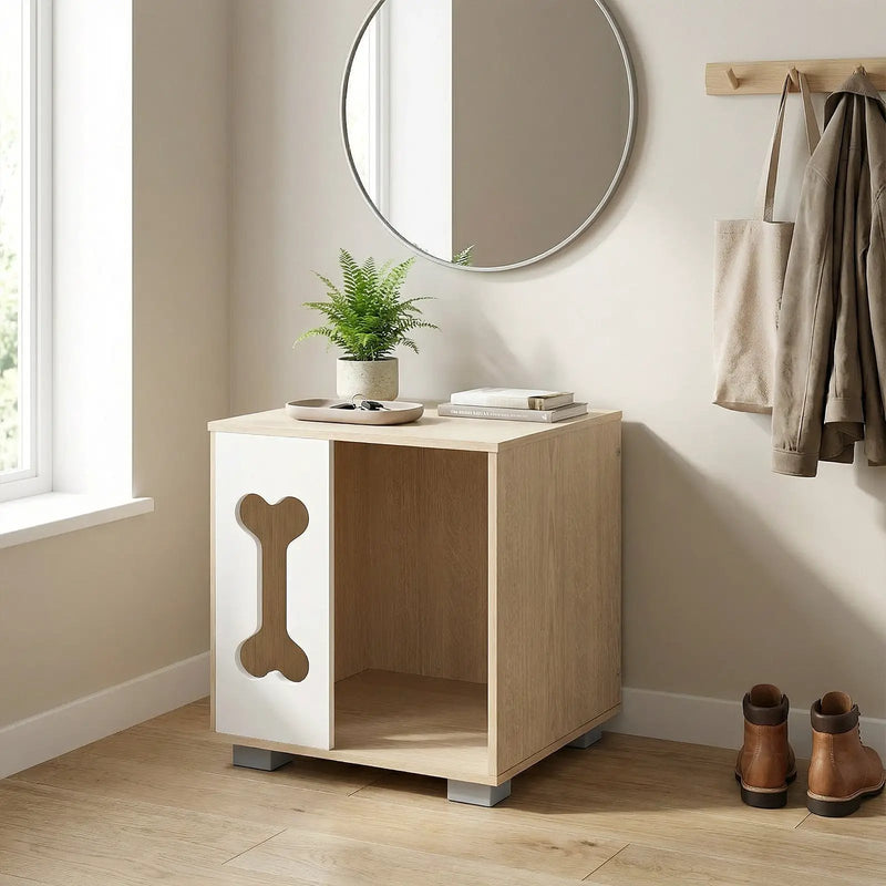 Cat Bed Side Table Wooden Cat Condo with Bone-shape Window and Thick Metal Legs-Natural by DirectDeals