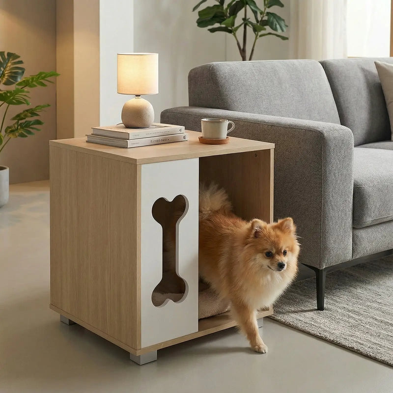 Cat Bed Side Table Wooden Cat Condo with Bone-shape Window and Thick Metal Legs-Natural by DirectDeals