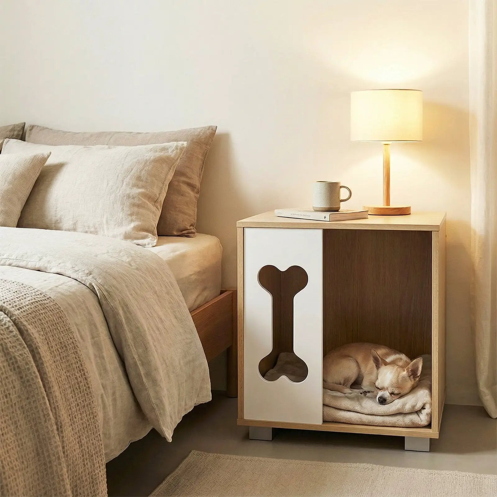 Cat Bed Side Table Wooden Cat Condo with Bone-shape Window and Thick Metal Legs-Natural by DirectDeals