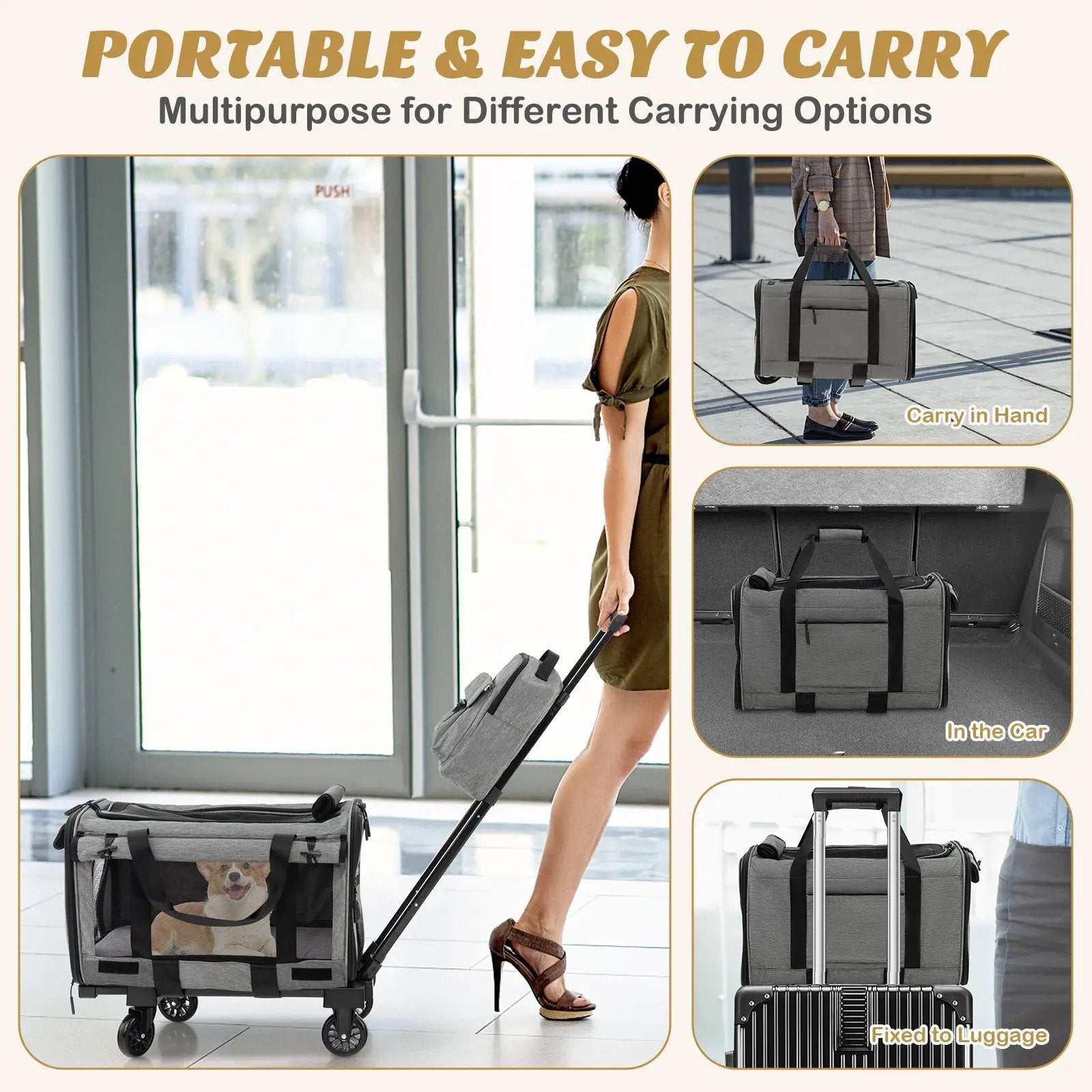 Rolling Cat Carrier with Dual-use Pads and Litter Bag-Gray by DirectDeals