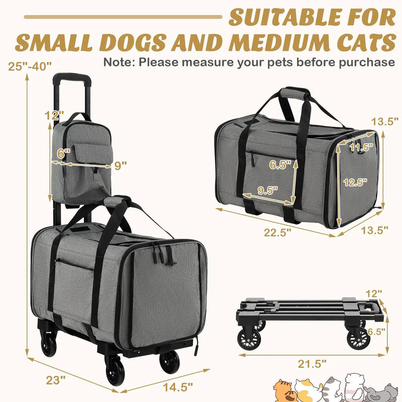 Rolling Cat Carrier with Dual-use Pads and Litter Bag-Gray by DirectDeals