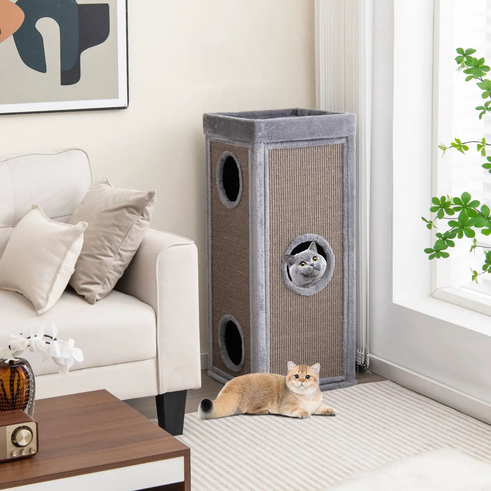 39 Inch Tall Cat Condo with Scratching Posts and 3 Hideaways and 4 Soft Plush Cushions by DirectDeals