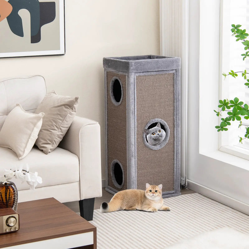 39 Inch Tall Cat Condo with Scratching Posts and 3 Hideaways and 4 Soft Plush Cushions by DirectDeals