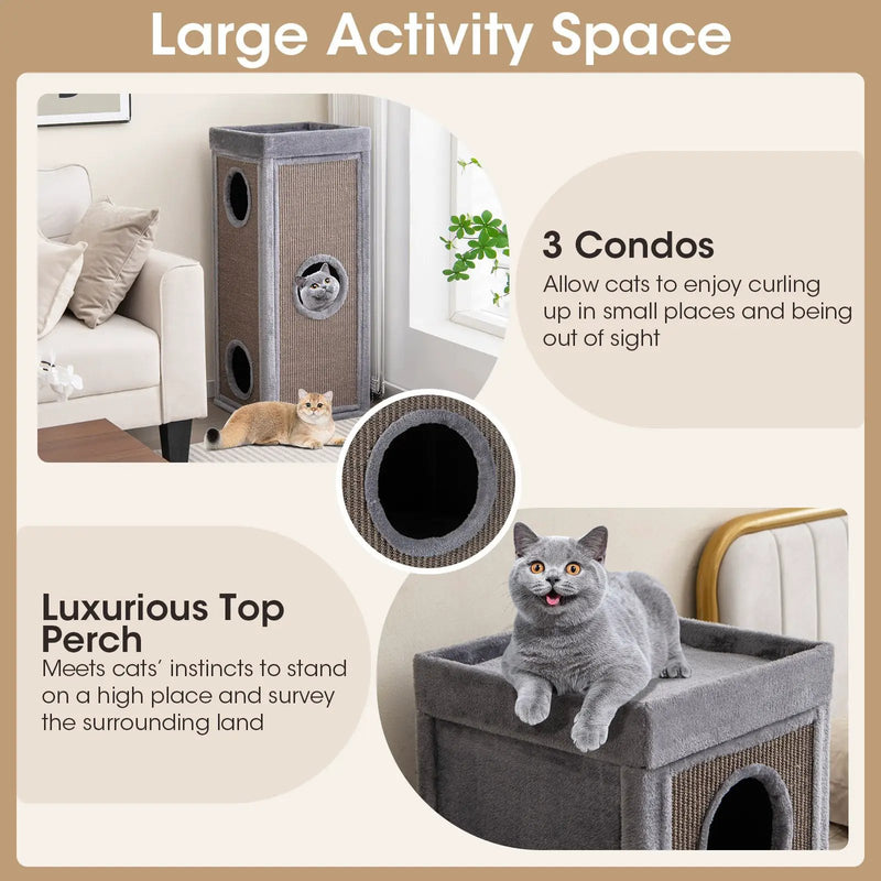 39 Inch Tall Cat Condo with Scratching Posts and 3 Hideaways and 4 Soft Plush Cushions by DirectDeals
