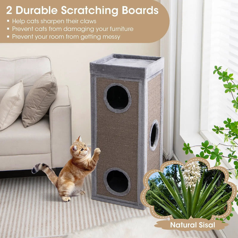 39 Inch Tall Cat Condo with Scratching Posts and 3 Hideaways and 4 Soft Plush Cushions by DirectDeals